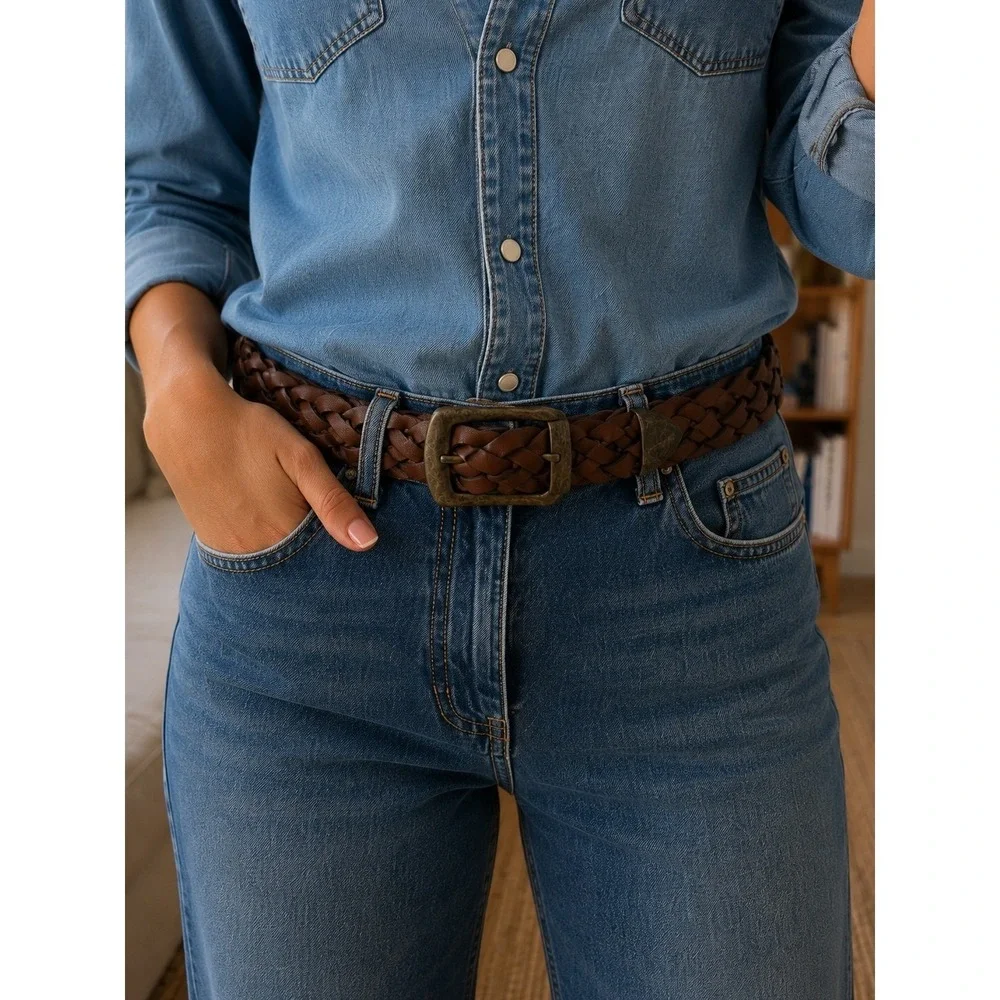 Womens Braided Belt Size‎ M Brown Faux Leather Antique Brass Buckle Western Boho